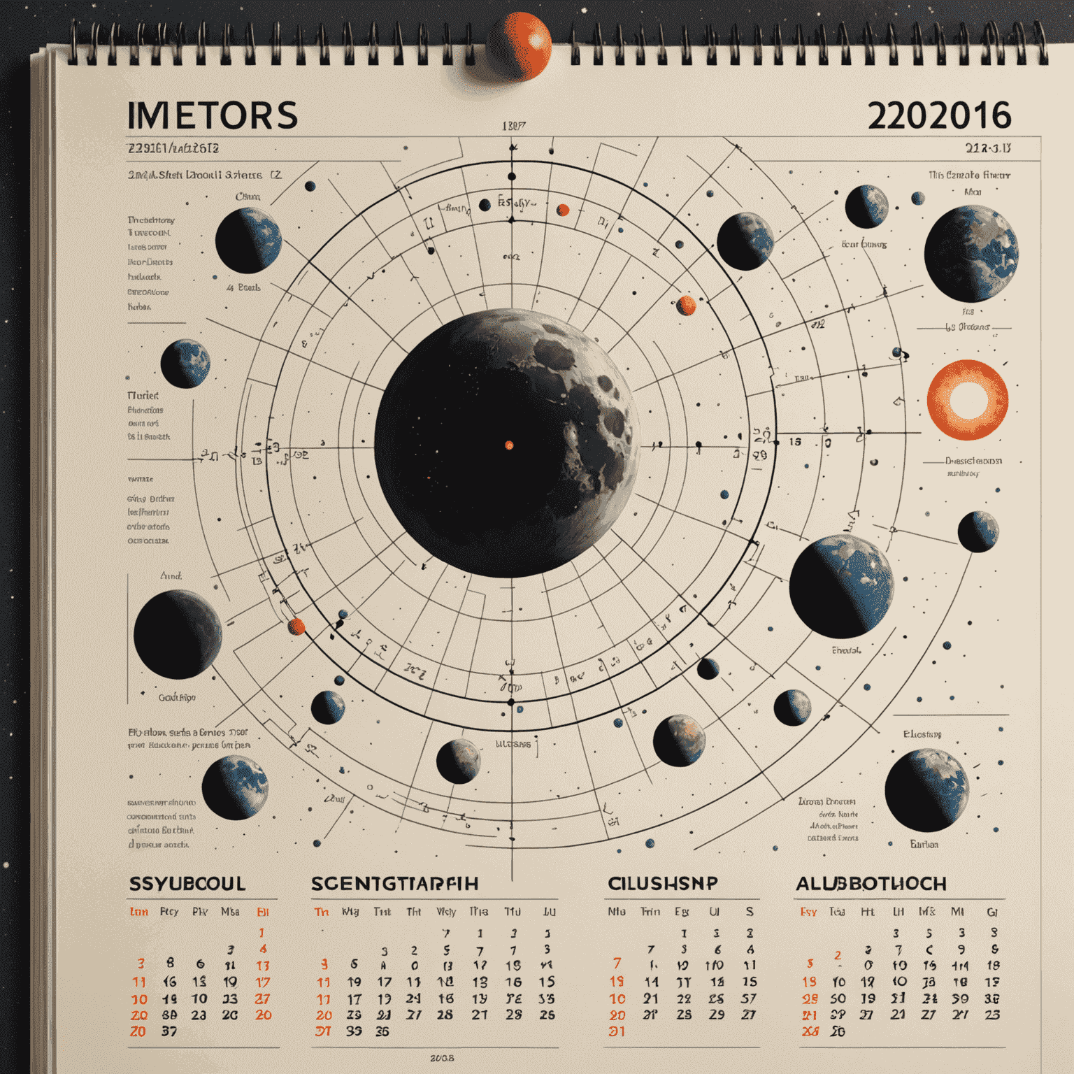 Obrázok zobrazujúci kalendár s označenými astronomickými udalosťami, ako sú zatmenia, meteorické roje a fázy mesiaca