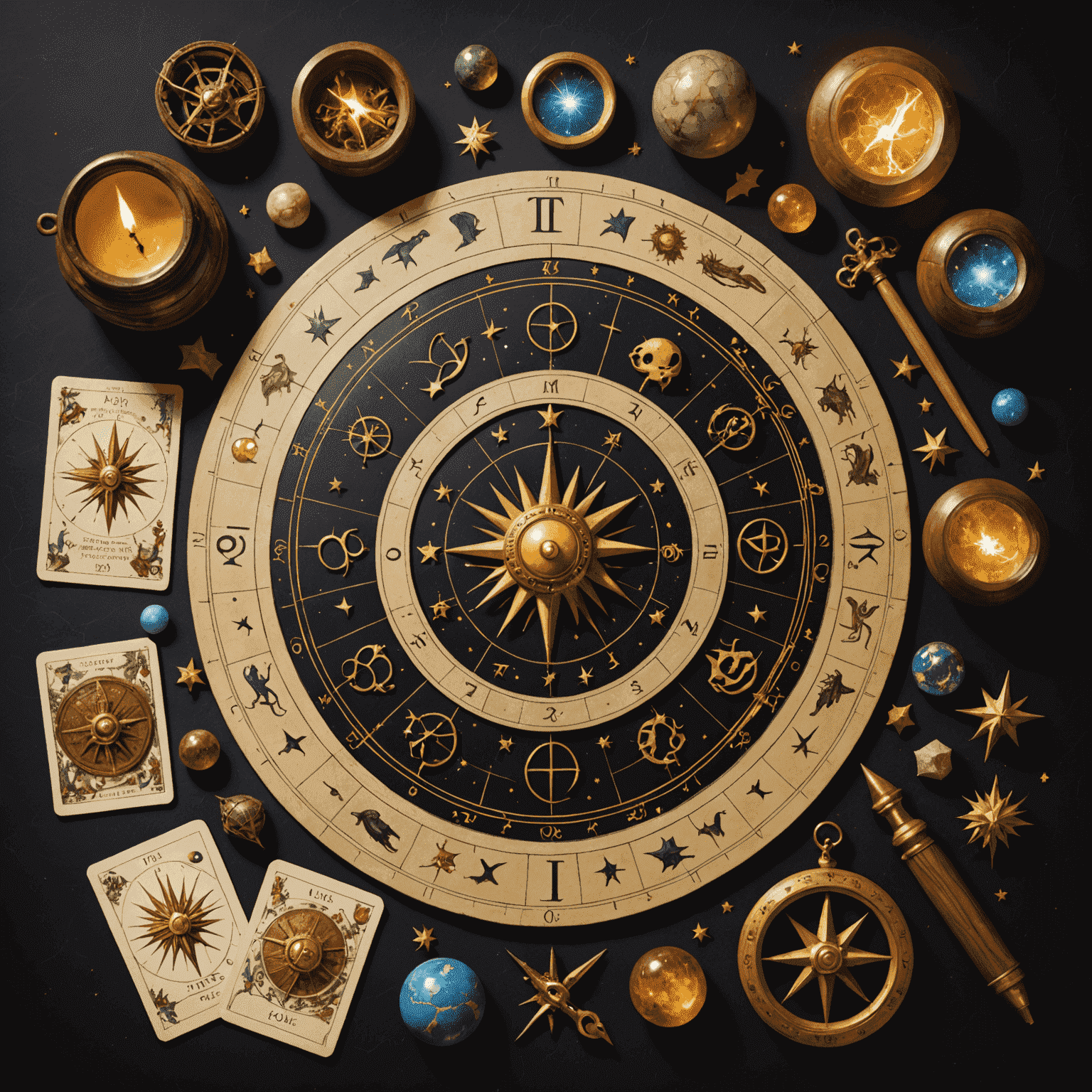 Obrázok zobrazujúci rôzne astrologické symboly a nástroje, ako sú tarotové karty a astrologické mapy